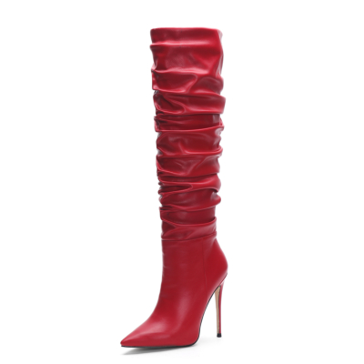 Rotes veganes Leder für Damen mit spitzer Zehenpartie und Stilettos, kniehohem Absatz, Sclouch-Stiefeletten