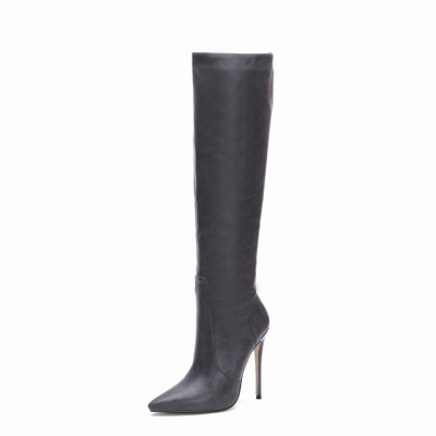 Schwarze Damen-Stiefel aus veganem Leder mit spitzer Zehenpartie und Stilettos
