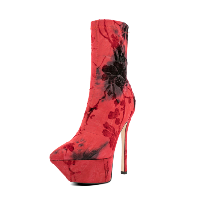 Elastische Plateau-Stiefeletten mit rotem und schwarzem Blumendruck und spitzer Zehenpartie für Damen