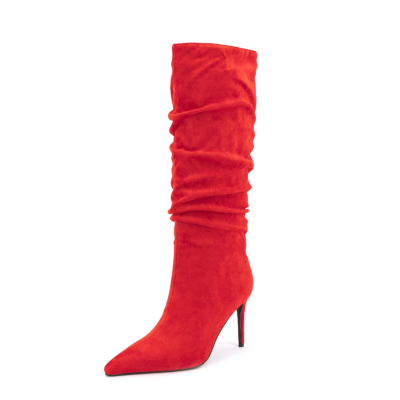Rotes Wildleder mit spitzen Zehen und Stiletto-Absatz für Damen Sclouch kniehohe Booties lange Stiefel
