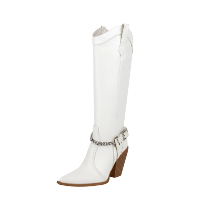 Damen-Cowboy-Stiefel aus weißem veganem Leder mit mandelförmigem Zehenblock und Blockabsatz