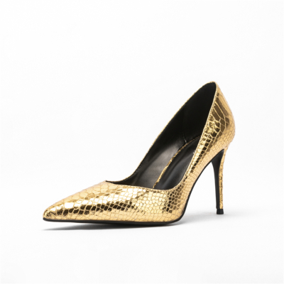 Gold-Spitzzehen-Python-Prägung Stilettos Pumps Schuhe mit hohen Absätzen