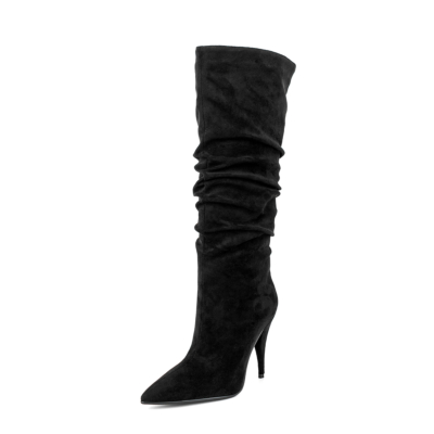 Slouch-Stiefel aus schwarzem Wildleder mit spitzer Zehenpartie für Damen, 4-Zoll-Stilettos, breite Wadenstiefel