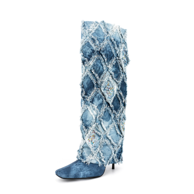 Überkniehohe Stiefel aus blauem Denim mit eckiger Zehenpartie für Damen