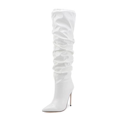 Weiße, spitze Zehen-Stiletto-Absätze, Slouch-Stiefel, modische kniehohe Stiefel