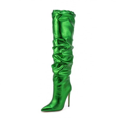 Grüne glänzende modische kniehohe Stiefel mit spitzer Zehenpartie, Stiletto-Absatz und Slouch-Stiefel