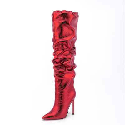 Rote, glänzende, modische, kniehohe Stiefel mit spitzer Zehenpartie, Stiletto-Absatz und Slouch-Stiefel