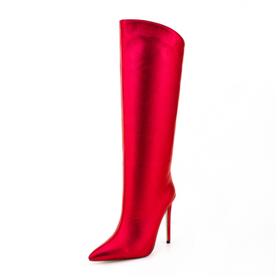 Rote, modische, spitze Zehen-Stiefel mit Stiletto-Absatz und weitem Schaft in Metallic-Optik