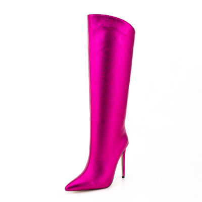 Modische, modische, spitze Zehen-Stiefel mit Stiletto-Absatz und weitem Schaft in pinkfarbenen Metallic-Farben