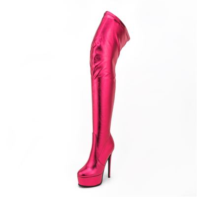 Rote, modische, oberschenkelhohe, lange Stiefel mit Plateau-Stiletto-Absatz