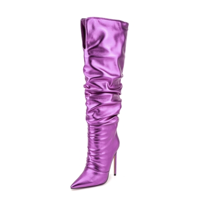 Neon-Metallic-Lila spitze Slouch-Stiefel mit Stiletto-Absatz und kniehohen Stiefeln