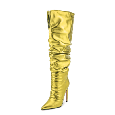 Neon-Metallic-Gelb, spitze Zehen-Slouch-Stiefel, kniehohe Stiefel mit Stiletto-Absatz