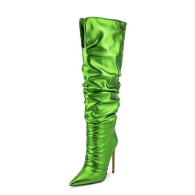 Neon-Metallic-Grüne, spitze Zehen-Slouch-Stiefel, kniehohe Stiefel mit Stiletto-Absatz
