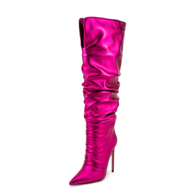 Slouch-Stiefel mit spitzer Zehenpartie in Neon-Metallic und Magenta, kniehohe Stiefel mit Stiletto-Absatz