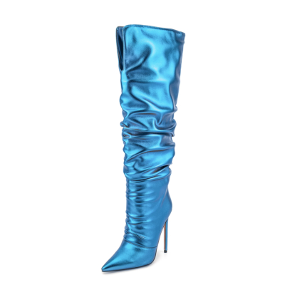 Neon-Metallic-Blaue spitze Zehen-Slouch-Stiefel, kniehohe Stiefel mit Stiletto-Absatz