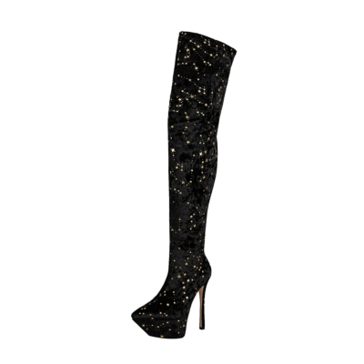 Schwarze Samt-Stiefel mit spitzer Zehenpartie und Sternenmuster, Stiletto-Absatz, oberschenkelhohe Plateaustiefel