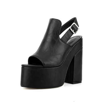 Slingback-Schuhe aus schwarzem veganem Leder mit offener Zehenpartie und Blockabsatz für Damen