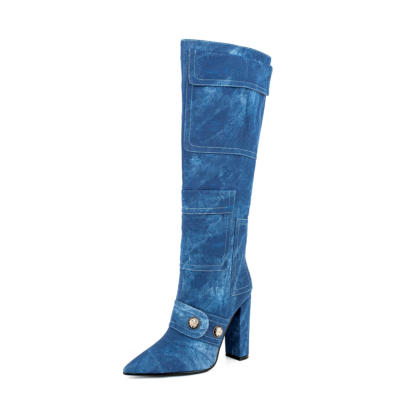 Blaue Denim-Stiefel mit spitzer Zehenpartie, klobiger Ferse und Taschen