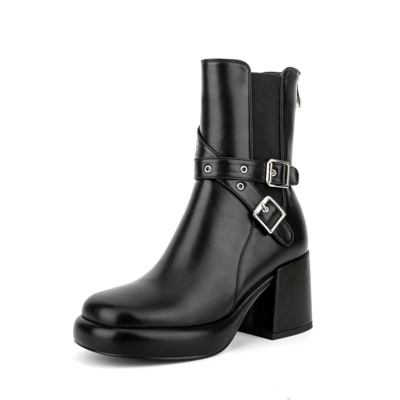 Schwarze Chelsea-Stiefel mit runder Zehenpartie und Blockabsatz und Schnalle