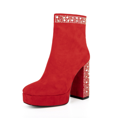 Damen-Booties aus rotem Wildleder mit klobigem Absatz und Strass