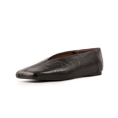 Schwarze, flache Schuhe aus Leder mit V-Ausschnitt und quadratischer Zehenpartie, weite Breite, bequeme Schuhe für Damen