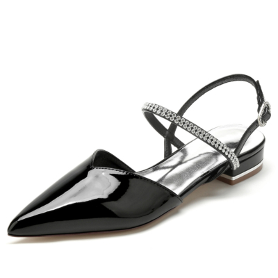 Schwarze V-Vamp-Kleider mit geschlossener Zehenpartie und Strassriemen, flache Schuhe, Pumps