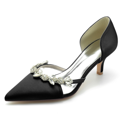 Schwarze Hochzeit Pumps aus Satin mit Strasssteinen D'orsay Schuhe Kitten Heels