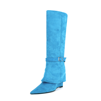 Blaue Wedges Fold Over Boots Klassische Damen Spitzschuh Kniehohe Stiefel