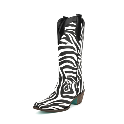 Weiße und schwarze Zebra-Print Cowboystiefel Chunky Heel Ankle Boots