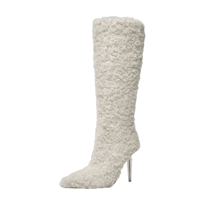 Weiße kniehohe Stiefel mit pelzigem Stiletto-Absatz und spitzer Zehenpartie