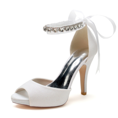 Weiße Glitter Peep Toe Ankle Strap Pfennigabsatz Plateau Hochzeitssandalen mit Schleife