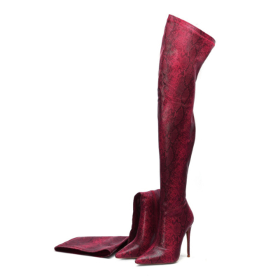 Red Fashion Snake geprägte spitze Zehe Stilettos Overknee-Stiefel