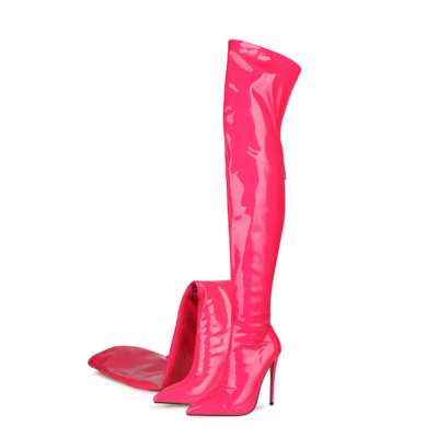 Neon Fuchsia High Heel Stiefel Stiletto Overknee Stiefel mit Reißverschluss hinten