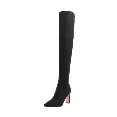 Overknee-Stiefel aus schwarzem Wildleder mit elastischem eckigem Absatz