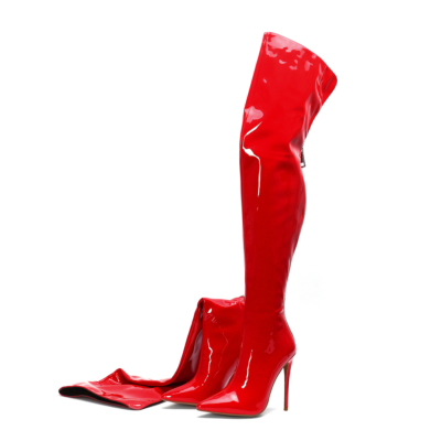 Rote Lackleder Pleaser Stiefel Stöckelabsatz lange Oberschenkel hohe Stiefel