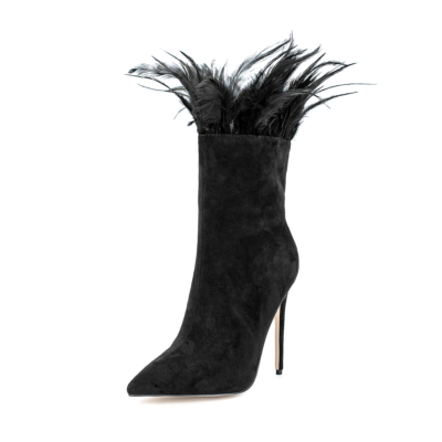 Schwarze Wildleder-Stiletto-Stiefel mit spitzer Zehenpartie für Damen Federstiefeletten