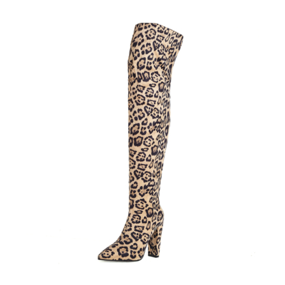 Braune Overknee-Stiefel aus Wildleder mit Animal-Print und klobigem Absatz für Damen