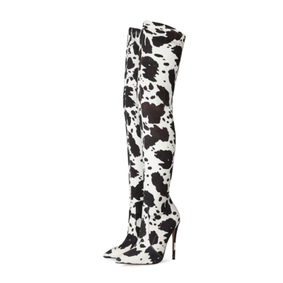 Schwarze und weiße Stiefel mit Kuh-Print, Stiletto-Absatz, spitze Zehen, Oberschenkelhohe Stiefel
