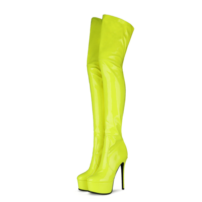 Neongrüne Overknee-Stiefel mit Reißverschluss und Stiletto-Stretch