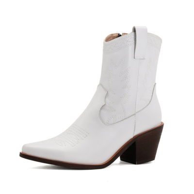 Weiße Cowgirl-Stiefel aus Leder mit niedrigem Absatz und Western-Stiefeletten