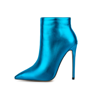 Blaue, spitze Zehe-Metallic-Stiefel mit Pfennigabsatz für Damen