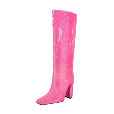 Kniehohe Damenstiefel mit rosa Pailletten, eckiger Zehenpartie und klobigem Absatz