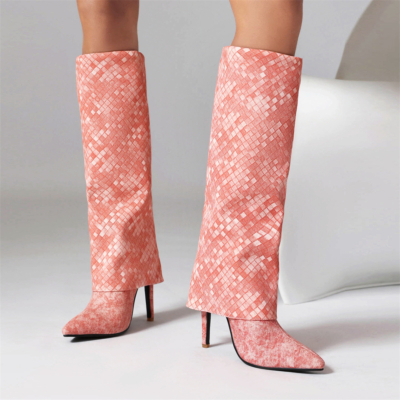 Damen-Kniehohe, umklappbare Stiefel aus veganem Leder mit spitzer Zehenpartie und Stiletto-Absatz in Rosa