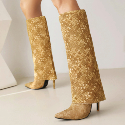 Damen-Stiefel mit spitzem Zehenbereich und Stilettoabsatz aus veganem Leder in Gelb, kniehoch