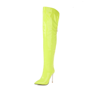 Neongelbe, oberschenkelhohe Stiefel aus veganem Leder mit Stiletto-Absatz und spitzer Zehenpartie für Damen