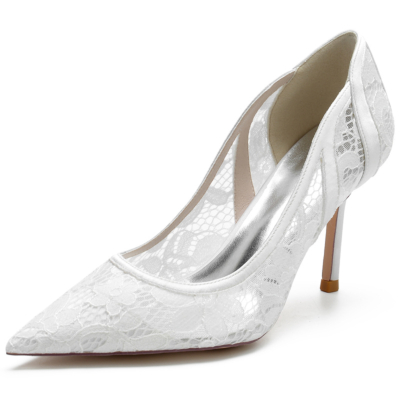 Weiße Spitzen-Hochzeitsschuhe für Damen mit spitzer Zehenpartie und Stiletto-Absatz
