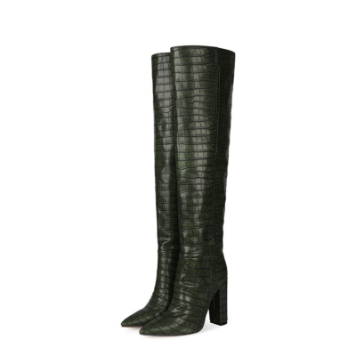 Dunkelgrüne Croc-geprägte Damen Chunky Heel Wide Calf Overknee Stiefel