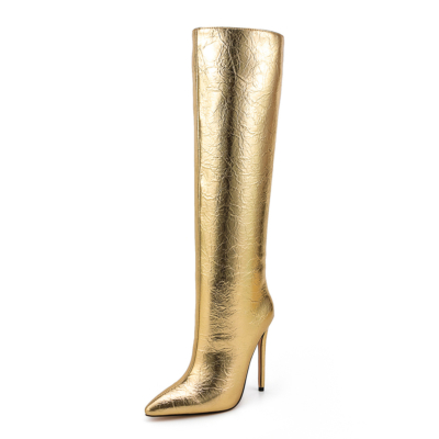 Kniehohe Stiefel mit goldenem Faltenmuster und bedruckter Zehenpartie und Stilettoabsatz