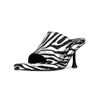 Slide-Sandalen mit Zebra-Print, eckige Absätze, runde Zehenpartien, Party-Sandalen