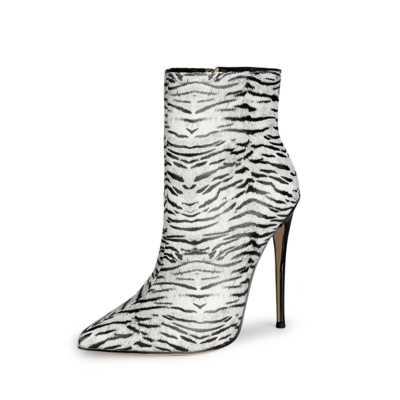 Zebra-bedruckte 5-Zoll-Stiefeletten mit Stiletto-Absatz und spitzer Zehenpartie
